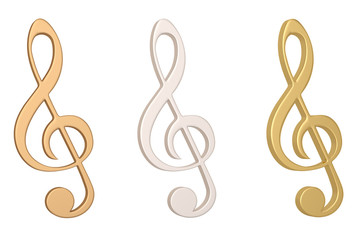 Gold Silver Copper musical note isolated on white background 3D illustration.