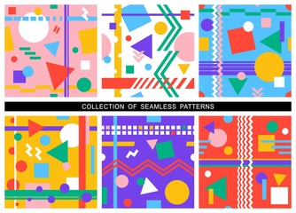 Set of abstract colorful seamless backgrounds with geometric patterns. Multicolored circles, squares, triangles, lines, zigzags, arrows. Repeating texture for wallpaper design, cover, textile, wrap.