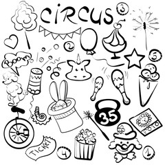 Hand drawn circus set. Vector illustration with hand drawn doodle circus animals and objects