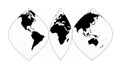 Vector world map. Interrupted sinusoidal projection. Plan world geographical map with graticlue lines. Vector illustration.