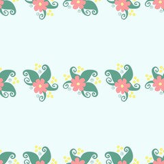 Simple illustration fairy flower vector seamless pattern collection. Colorful floral elements on white, pink or green background. 