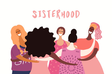 Hand drawn vector illustration of diverse beautiful modern girls together on white. Flat style design. Concept, element for feminism, womens day card, poster, banner. Female cartoon characters.