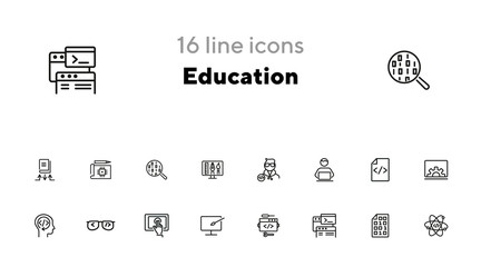 Education line icon set. Set of line icons on white background. Notebook, internet, studying. Self-education concept. Vector illustration can be used for topics like technology, devices, modern life © SurfupVector