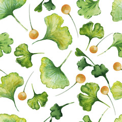 ginko biloba pattern seamless print textile watercolor frame background border half circle composition greeting card business card hand-drawn on a white background elements separately green leaves yel