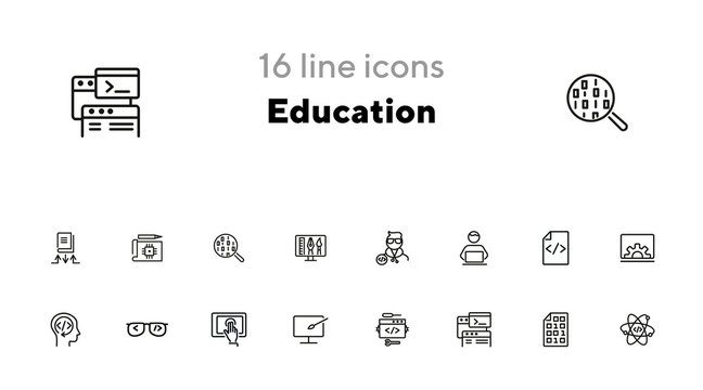 Education line icon set. Set of line icons on white background. Notebook, internet, studying. Self-education concept. Vector illustration can be used for topics like technology, devices, modern life