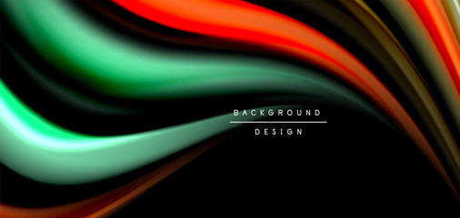 Abstract silk smooth lines on black, multicolored liquid fluid rainbow style waves on black