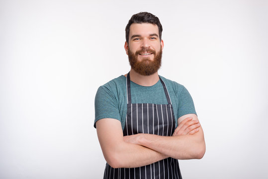 Cooking courses figure. Portrait of a confident bearded cooker o