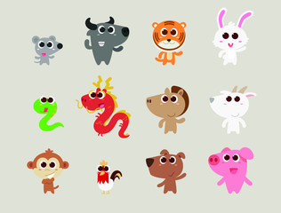 Zodiac animals are cute flat cartoon style standing and smile.