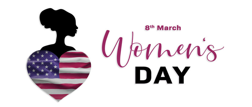 Women's Day illustration. International women's day. 8th March. Female silhouette with heart in US colors.
