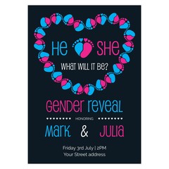 Gender reveal party invitation with baby feet and heart vector illustration