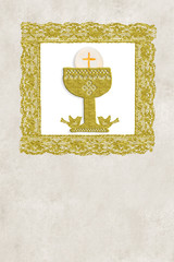 First holy communion vintage invitation card. Vertical.