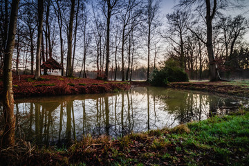 Fototapeta na wymiar A wooden house on a pond during the sunset in the Netherlands