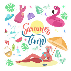 Girl and Flamingo inflatable, set of different items for recreation, hand lettering Summer Time. Vector illustration