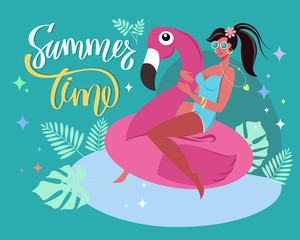 Girl and Flamingo inflatable, set of different items for recreation, hand lettering Summer Time. Vector illustration