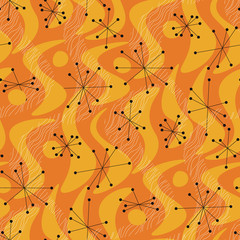 Levendig oranje vloeibaar geometrisch naadloos patroon in atomaire stijl