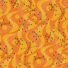 Fototapete Orange Nahtloses Muster im lebendigen orangefarbenen flüssigen geometrischen Atomstil