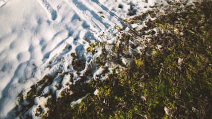 The texture of the snow. Snow with the transition to grass.