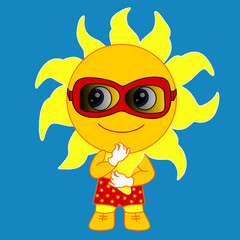 Fototapeta premium emoticon chibi with smiling sun in sunglasses taking a sunbathe, symbol of sunny summer wearing dark glasses, vector simplistic emoji in color 