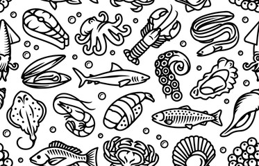 Seafood, fish and sea animals black seamless vector pattern wallpaper