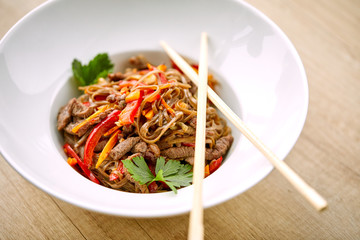 Stir fry noodles soba with beef