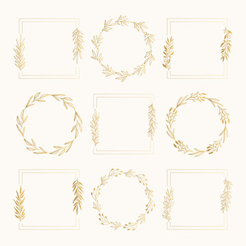 Golden luxury branding frames. Circle and squared elegant borders with floral elements. Vector isolated illustration.
