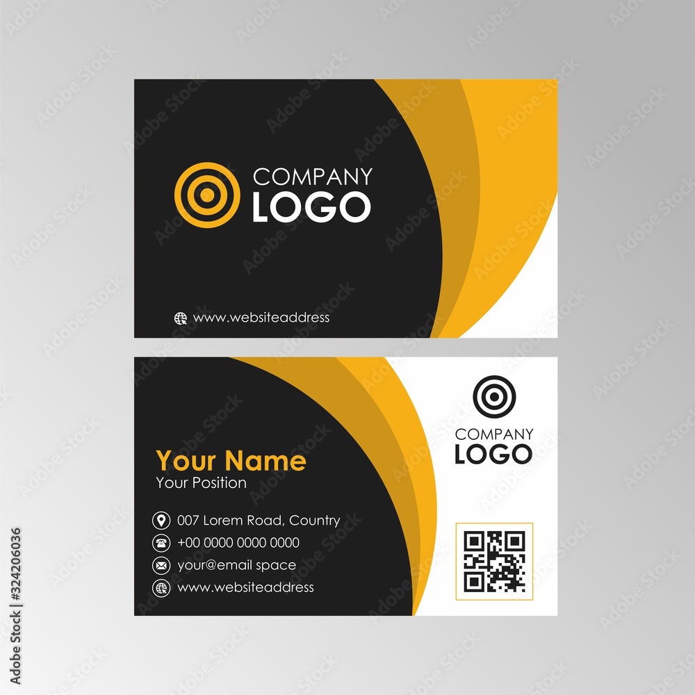 Poster simple abstract yellow and black business card with qr code design, professional name card template 