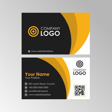 Simple abstract yellow and black business card with qr code design, professional name card template vector