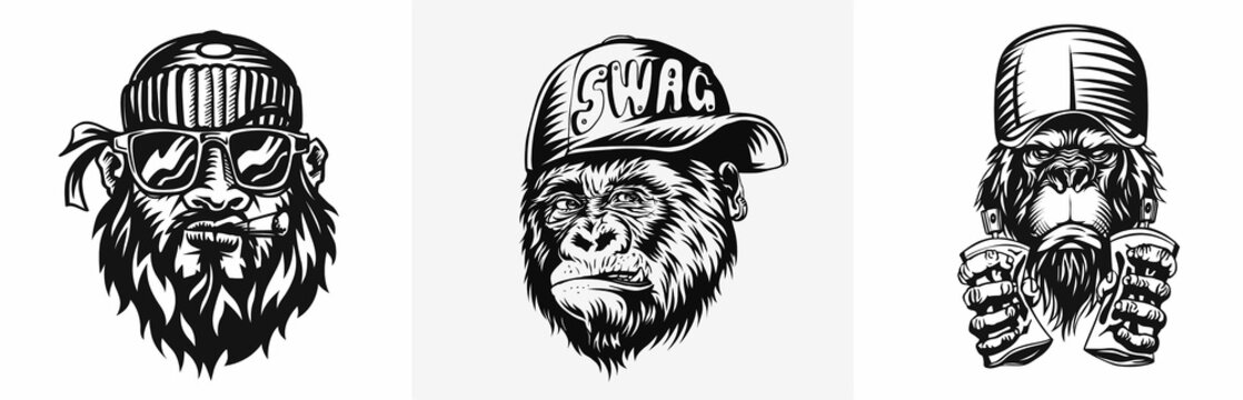 Monkey with cap for t-shirt print Design, vector illustration