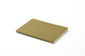 Top view of closed stitch blank recycled paper cover notebook on white background.