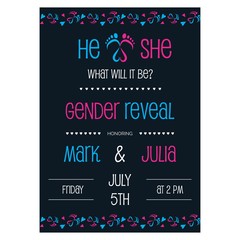 Gender reveal party invitation with baby feet and heart vector illustration