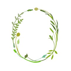 Oval frame made of branch, herbs, twigs and flowers. Wreath great to place any text, quote or logo. Green foliage isolated on white. Vector i