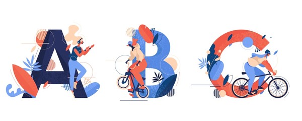 Abc letters sequence decorated with texture, leaves and sport women. A for aerobics, B for bmx riding, C for bicycle cycling. Isolated on white characters and creative lettering concept