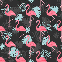 Flamingos in palm leaves, seamless background, pattern. Vector illustration. - 324208068
