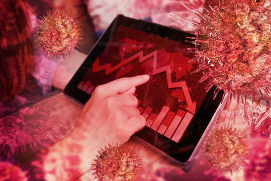 Red theme virus double exposure with hand point finger to screen which have chart data quantity of people infected with location on world map area.