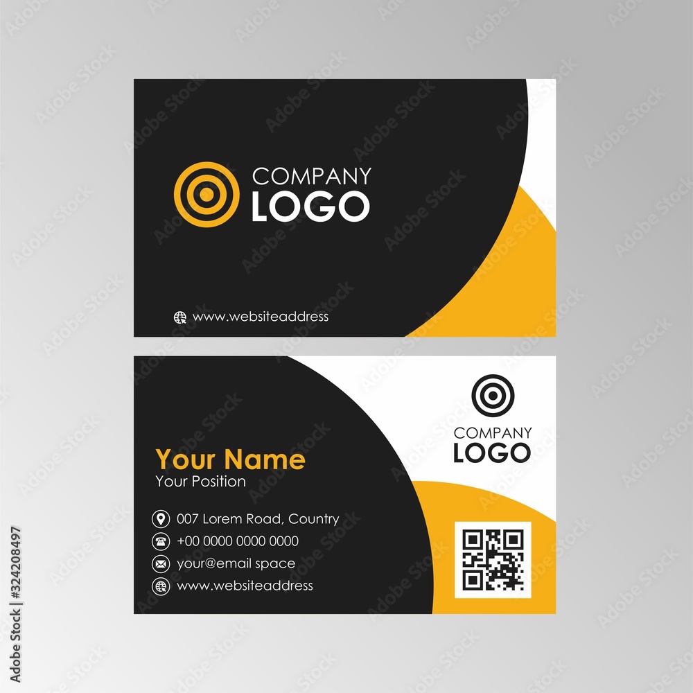 Poster simple abstract yellow and black business card with qr code design, professional name card template 
