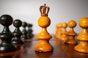 A white pawn with a crown, passing between rows of black and white pawns, symbolizing that...