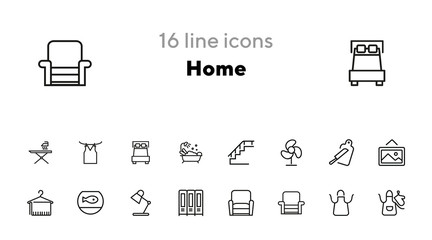 Home line icon set. Set of line icons on white background. Desk lamp, cupboard, hanger, aquarium. Home sweet home concept. Vector illustration for topics like interior, furniture, household appliances