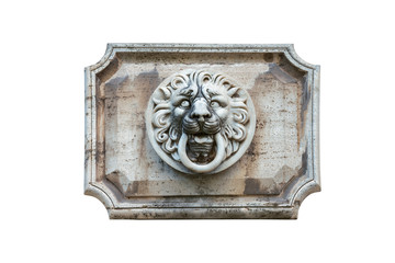 plaster head of a lion as a decoration element of a building facade isolated on white background