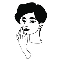 black-white outline logo for beauty industry, illustration of beuty woman with short hair and black lips, portrait of woman with black nails and black lips on white background