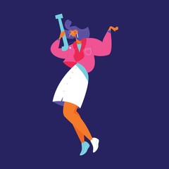 Dancing woman with capital english letter J in flat style. Bright happy character isolated on blue background