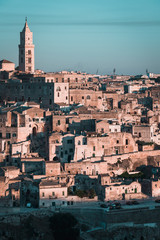 Obraz premium View of the Sassi of Matera from the Belvedere of Murgia Timone, at the dawn of a day in August