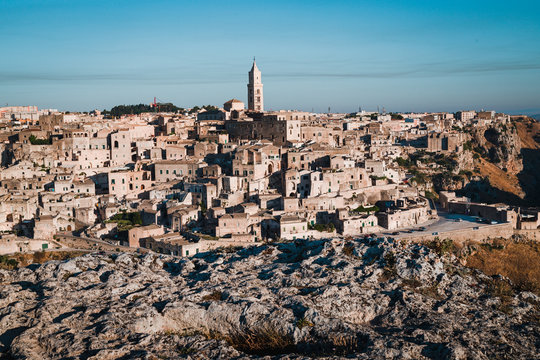 View of the Sassi of Matera from the Belvedere of Murgia Timone, at the dawn of a day in August