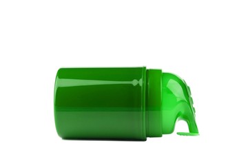 a green plastic bottle with a dispenser containing aftershave, gel or lubricant lies on its side,...