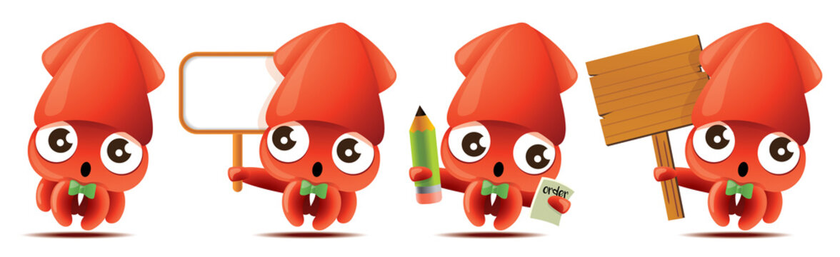 Cartoon cute squid with bowtie mascot set, cute squid holding big white/wooden signboards, taking order with pencil and notebook. - Vector mascot set