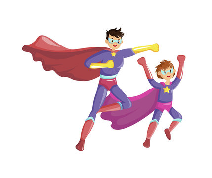 Superheroes father and son fly together in super hero costumes with cape and masks. Family of superheroes. Cartoon vector illustration