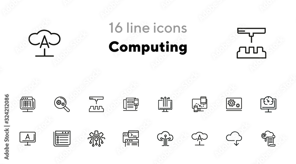 Poster computing line icon set. cloud print, monitor, coding. information technology concept. can be used f