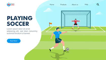 Soccer or football club landing page design, illustration of soccer player. grub of people play soccer or football on the field. kicker and goal keeper character vector illustration