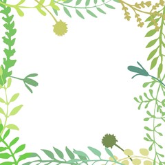 Floral border made of hand drawn wild herbs and flowers. Green frame. Square border. Botanical drawing. Vector illustration isolated