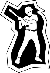 black and white illustration of a baseball player with a bat. 