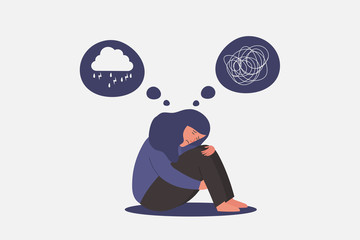 unhappy and sad young girl in depression sitting, lonely woman hugging knees with rainy cloud and confused on mind, sorrow, mental health concept, cartoon female character vector flat illustration